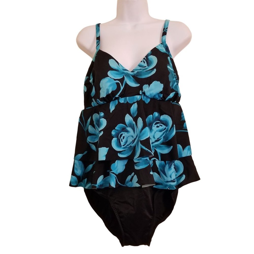 Trimshaper 10 Blue Black Floral 1 Pc Swimsuit Tankini Modest Beach Summer Cruise